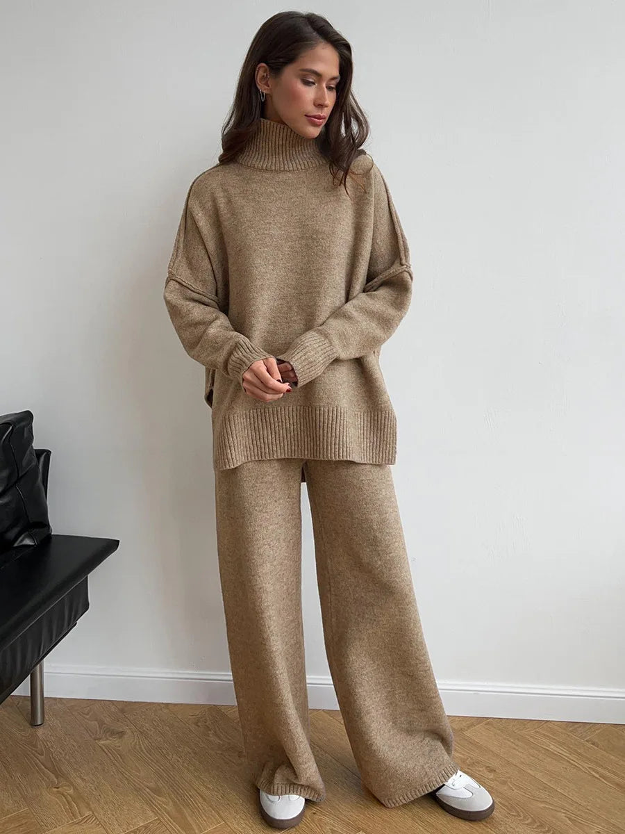 2025 turtleneck sweater set women's European, American autumn and winter new loose casual lazy thickened knitted trousers set Camel