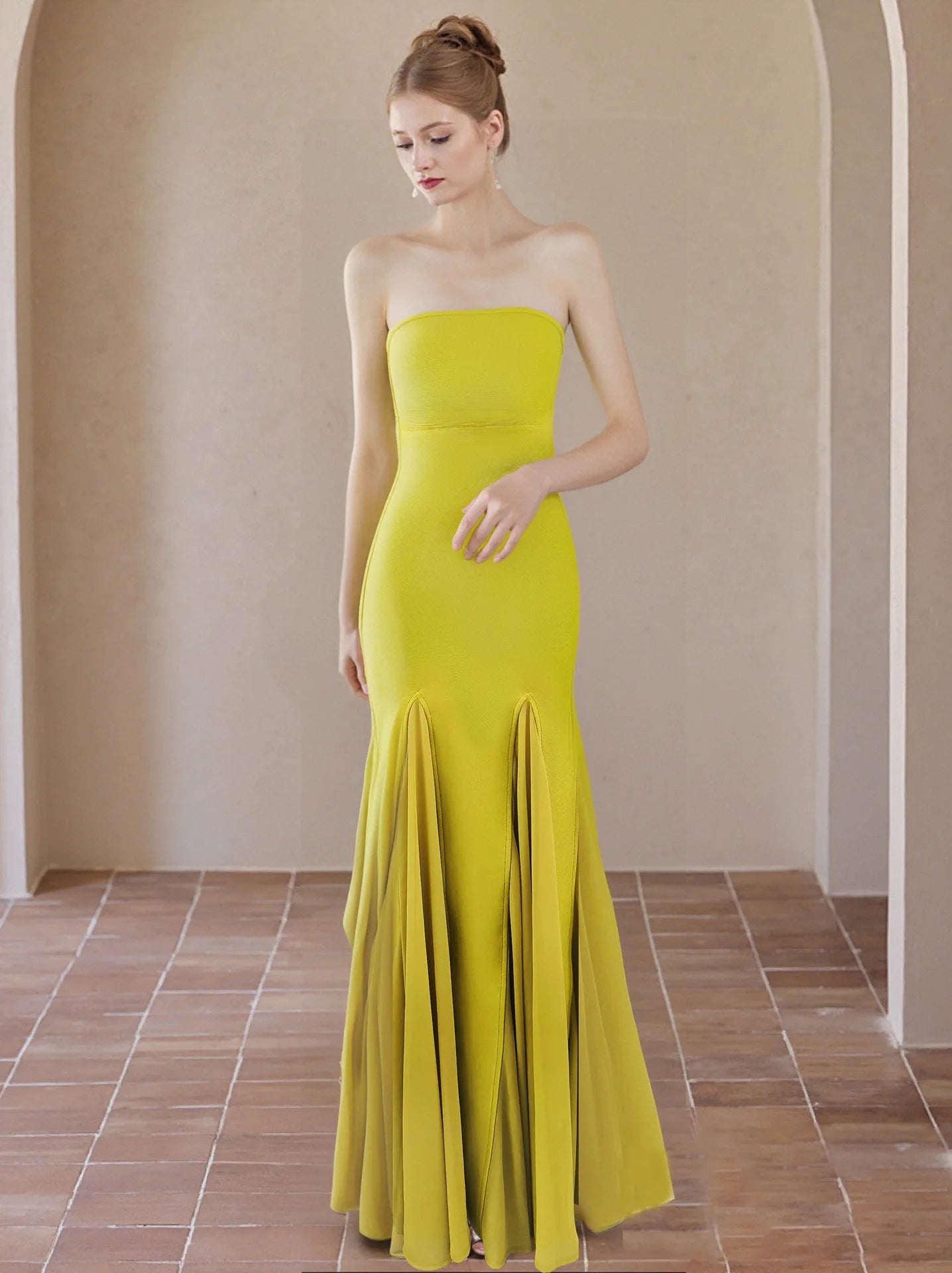 Yellow Color Women Sexy Strapless Bodycon Long Maxi Bandage Dress Celebrate Birthday Vacation Graduation Season Outfit