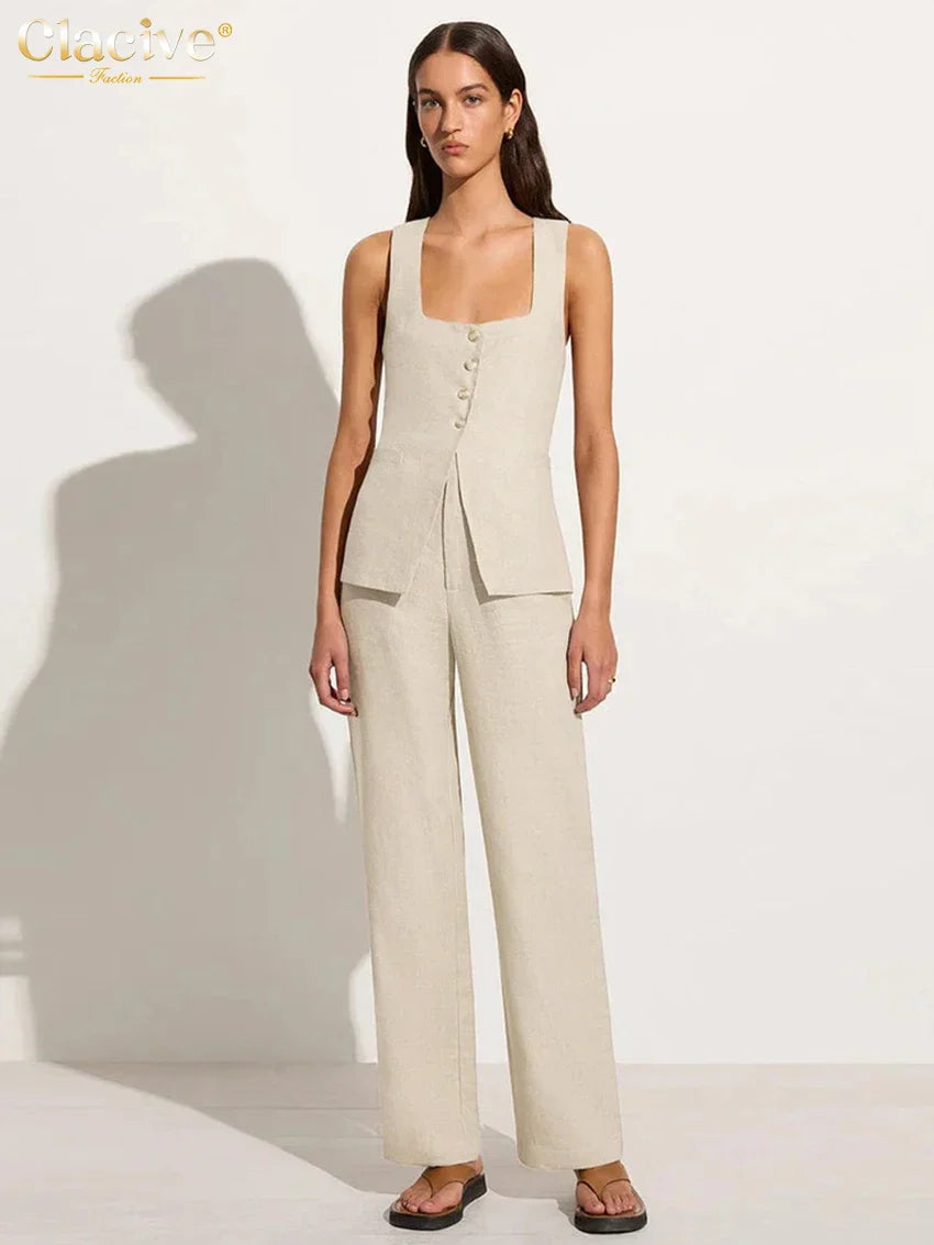 Clacive Summer Slim Khaki Linen 2 Piece Sets Women Outfit Fashion Sleeveless Tank Top With High Waist Pants Set Female Khaki