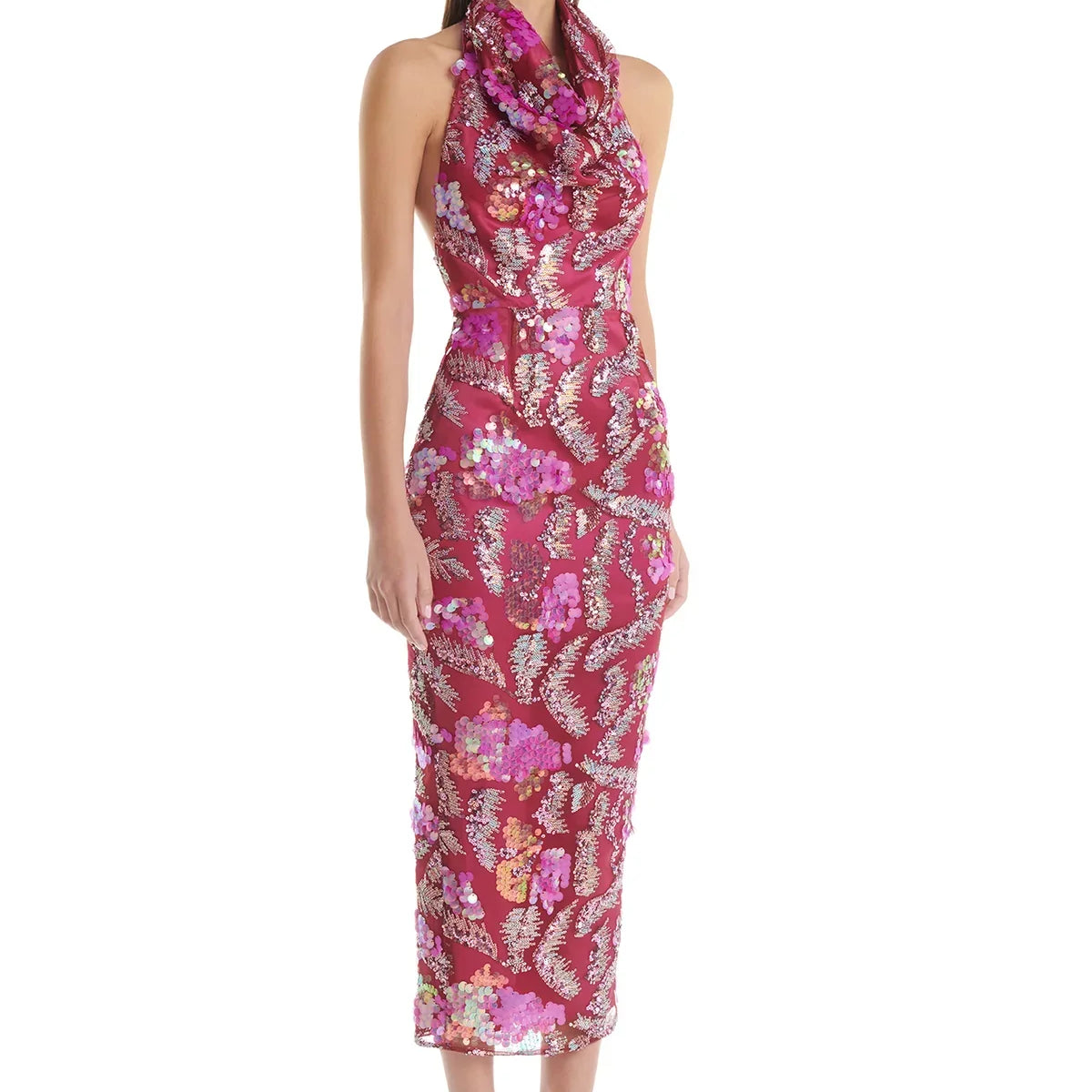 Women Sexy Halter Off the Shoulder Shinning Sequins Embroidery Bodycon Mid-calf Dress Elegant Evening Party Dress Rose Red