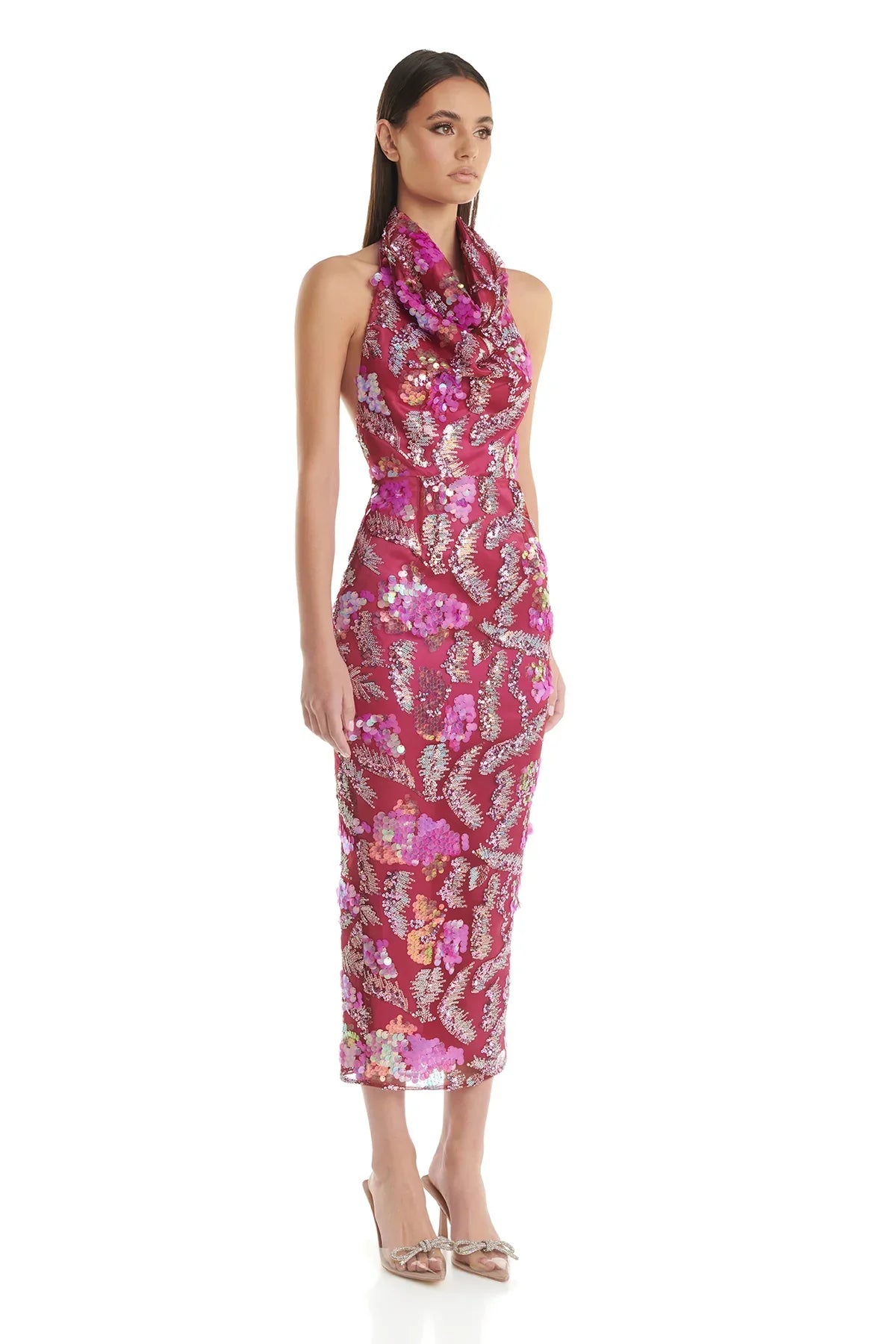 Women Sexy Halter Off the Shoulder Shinning Sequins Embroidery Bodycon Mid-calf Dress Elegant Evening Party Dress Rose Red