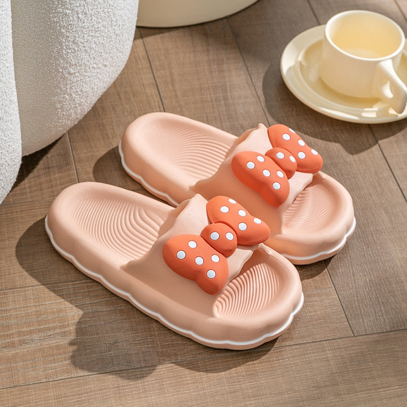 Slipper Women Men Summer Thick Bow Tie Slippers Women Indoor Home Sandals Couples Bathroom Slides Non-slip Soft House Slippers