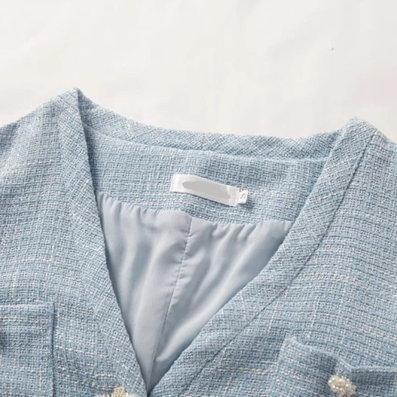 Solid Slimming Two Piece Sets for Women V Neck Long Sleeevs Spliced Button Top High Waist Pleated Skirts Set Female