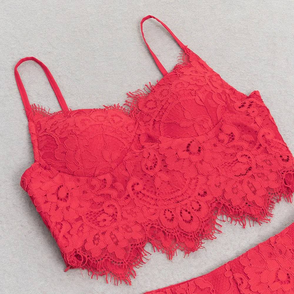 2025 Sexy Women'S Lace Pants Set Spaghetti Strap Sleeveless Backless Ultra Short Vest+Straight Leg Pants Two-Piece Set