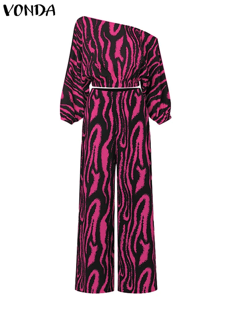 Plus Size VONDA Women Pant Sets Zebra-stripe Bohemian Printed 2PCS Long Sleeve Skew Collar Top and High Waist Pants Casual Sets