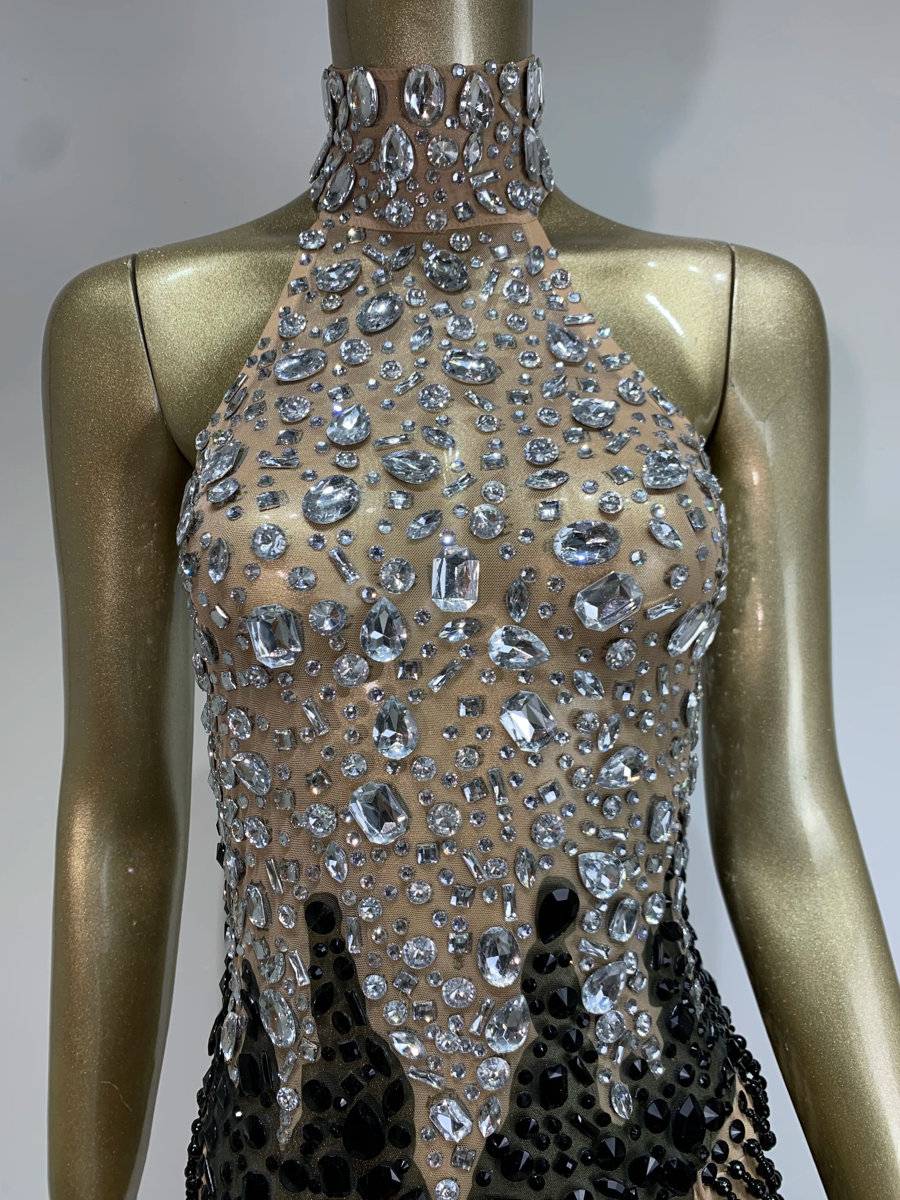 Women Sexy Backless Halter Crystal Diamonds Patchwork Mini Dress Birthday Party Costume Bar Nightclub Stage Performance Dress