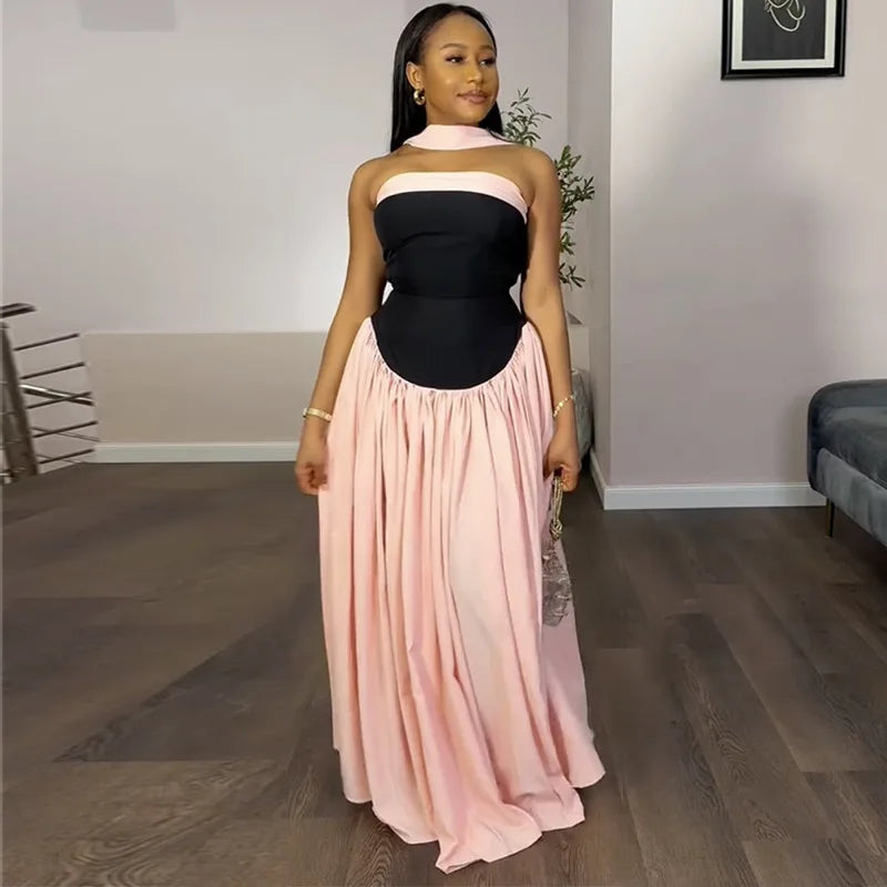 Women Fashion Halter Neck Pleated Big Swing High Waist Maxi Long Dress 2025 Summer Party Night Club Vestidos Dresses Black Pink