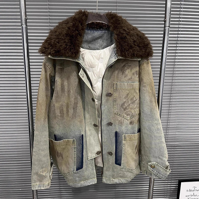 Autumn Winter New Casual Distressed Mid-Length Hook Large Fur Collar Dirty Look Denim Jacket For Women 11A07908