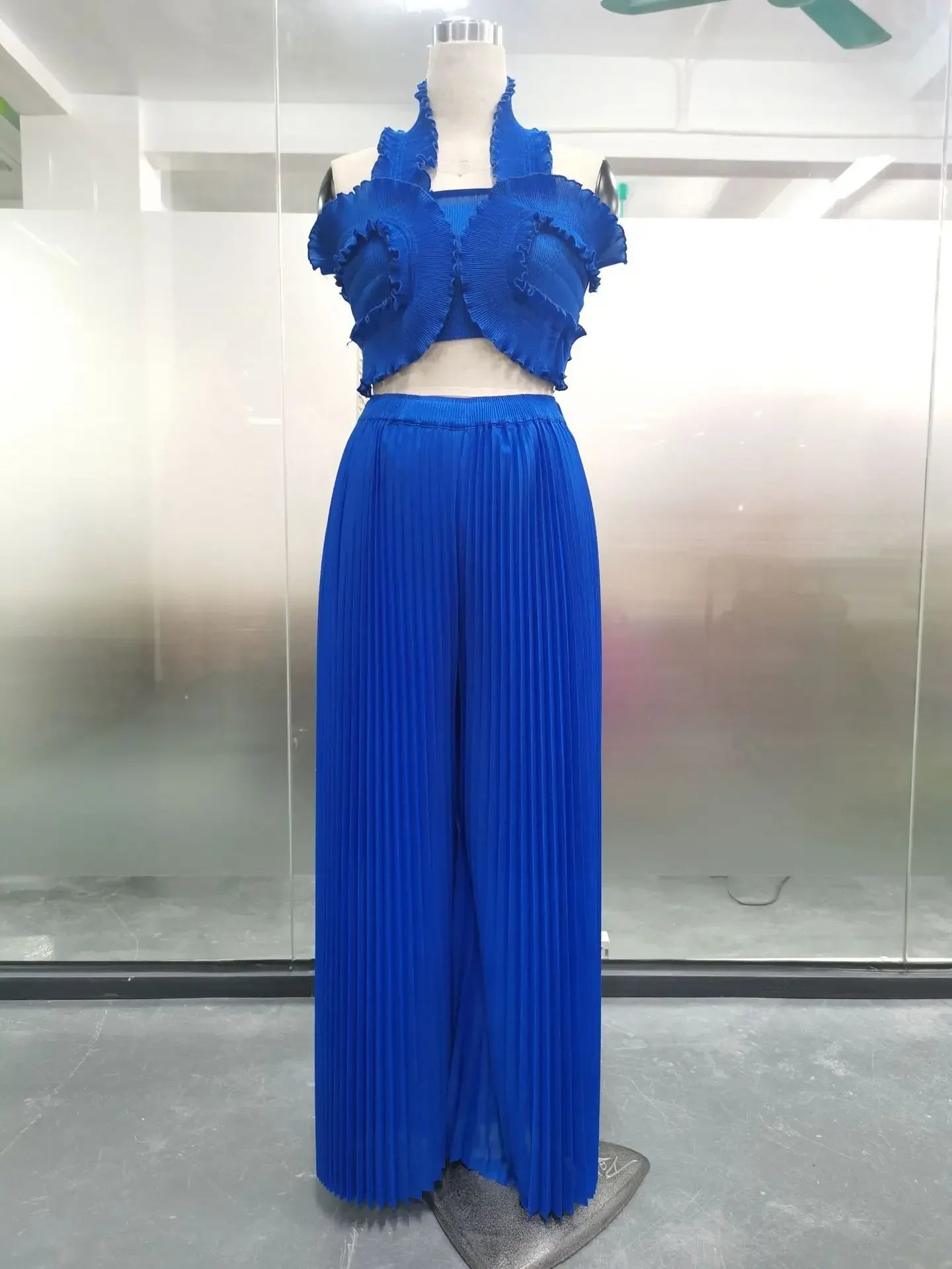 CM.YAYA Streetwear Women's Set Sleeveless Halter Crop Pleated Top+Wide Leg Pants Elegant 2024 Fall Party Two 2-Piece Set Outfits Blue One Size