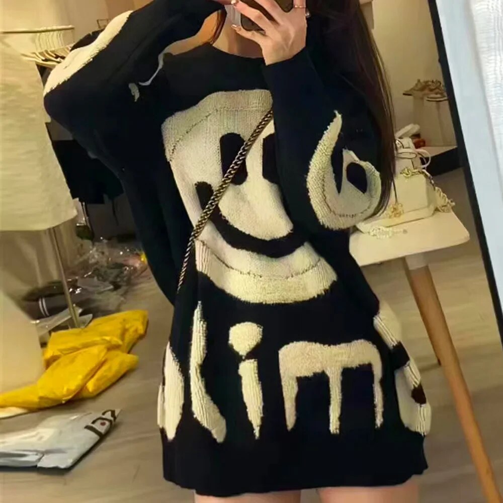 Y2k O-Neck Crochet Kintted Sweater Women Smile Loose Top E-girl Pullovers Spring Autumn Winter Jumper Sueter Streetwear black onesize