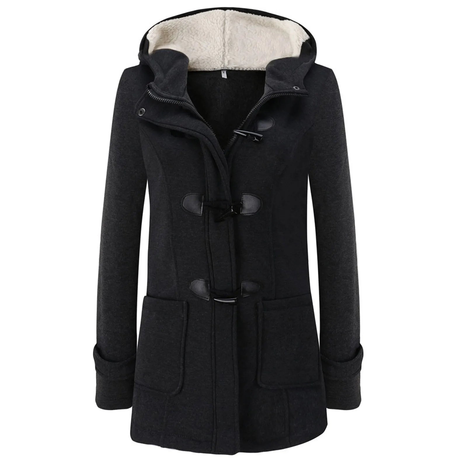 Womens Winter Coats Thicken Sherpa Lined Jacket Fashion Horn Button Hooded Outwear Warm Wool Blended Pea Coat Pockets black