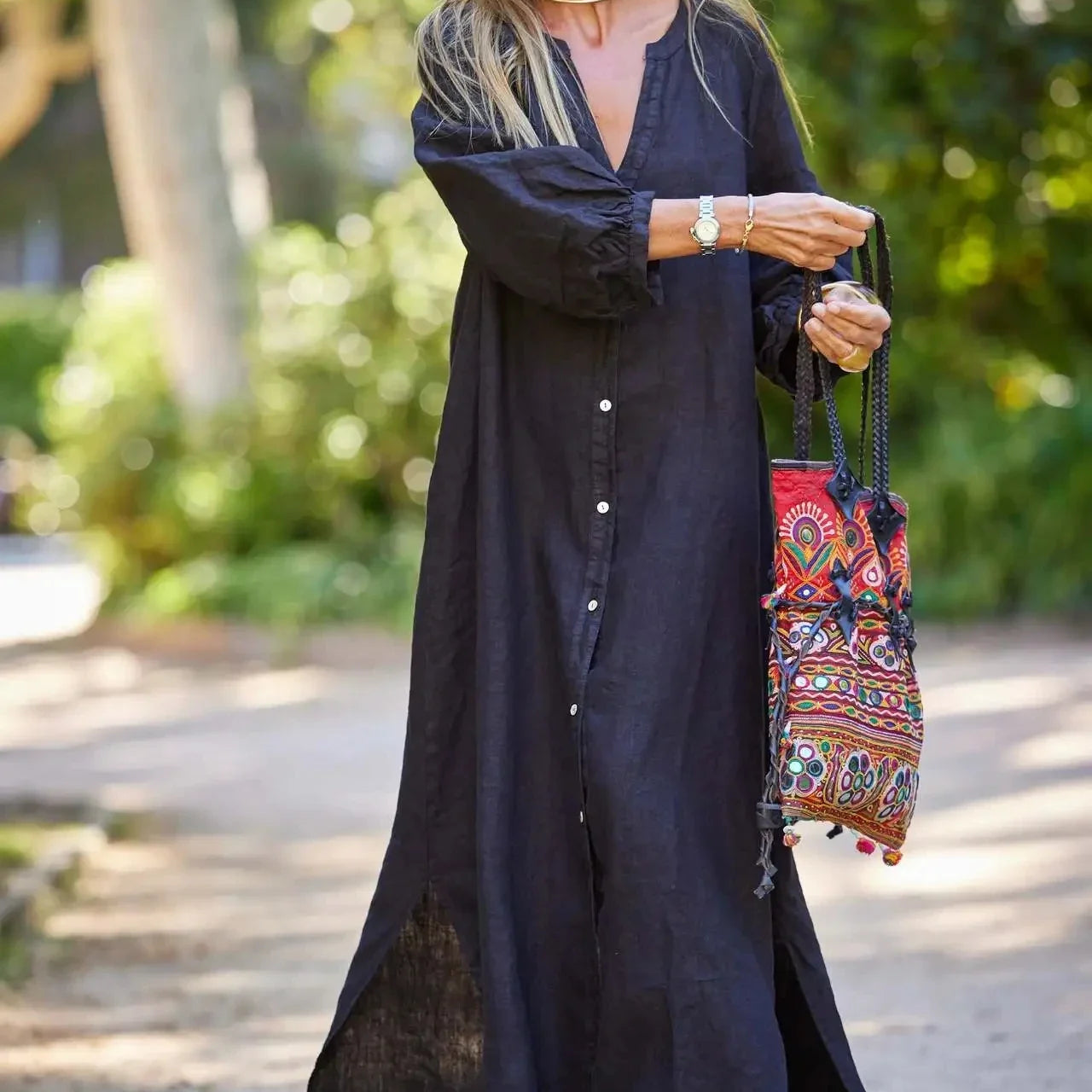Retro Women Loose Blouse Cotton And Linen Dress Summer Female Beach Sand Three Quarter Sleeve Button Baggy Maxi Long Dresses New Black