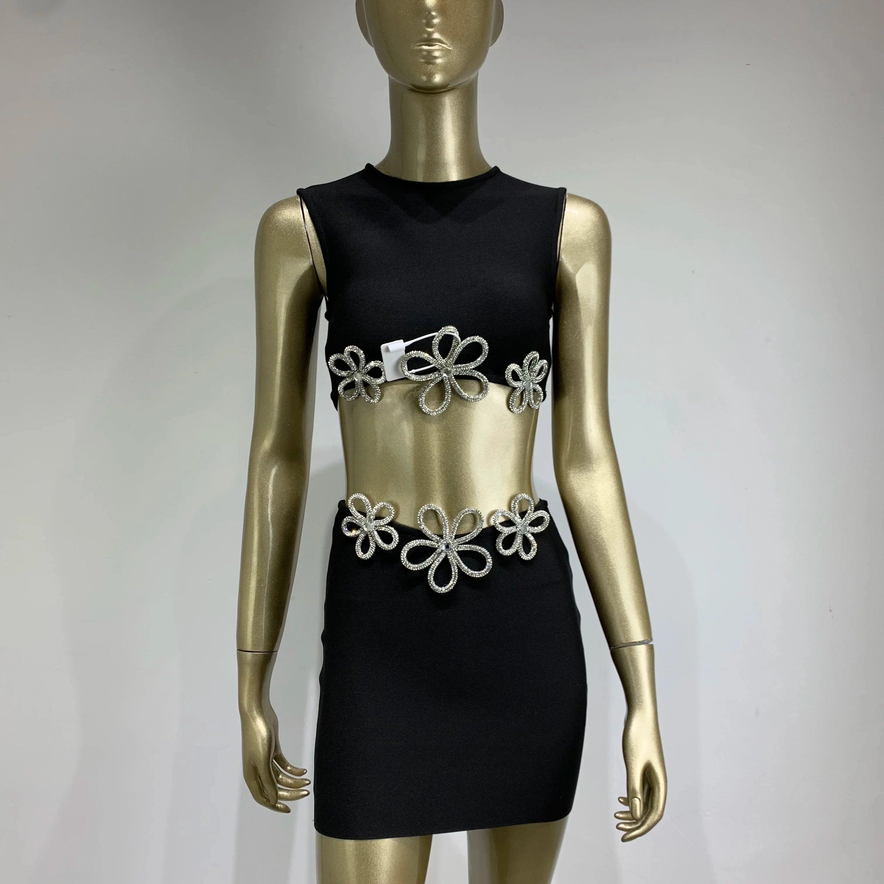 New Women Summer Celebrity Sexy Crytal Black Mini Bandage Skirt Suit Knitted Elegant Evening Club Party Two Pieces Set