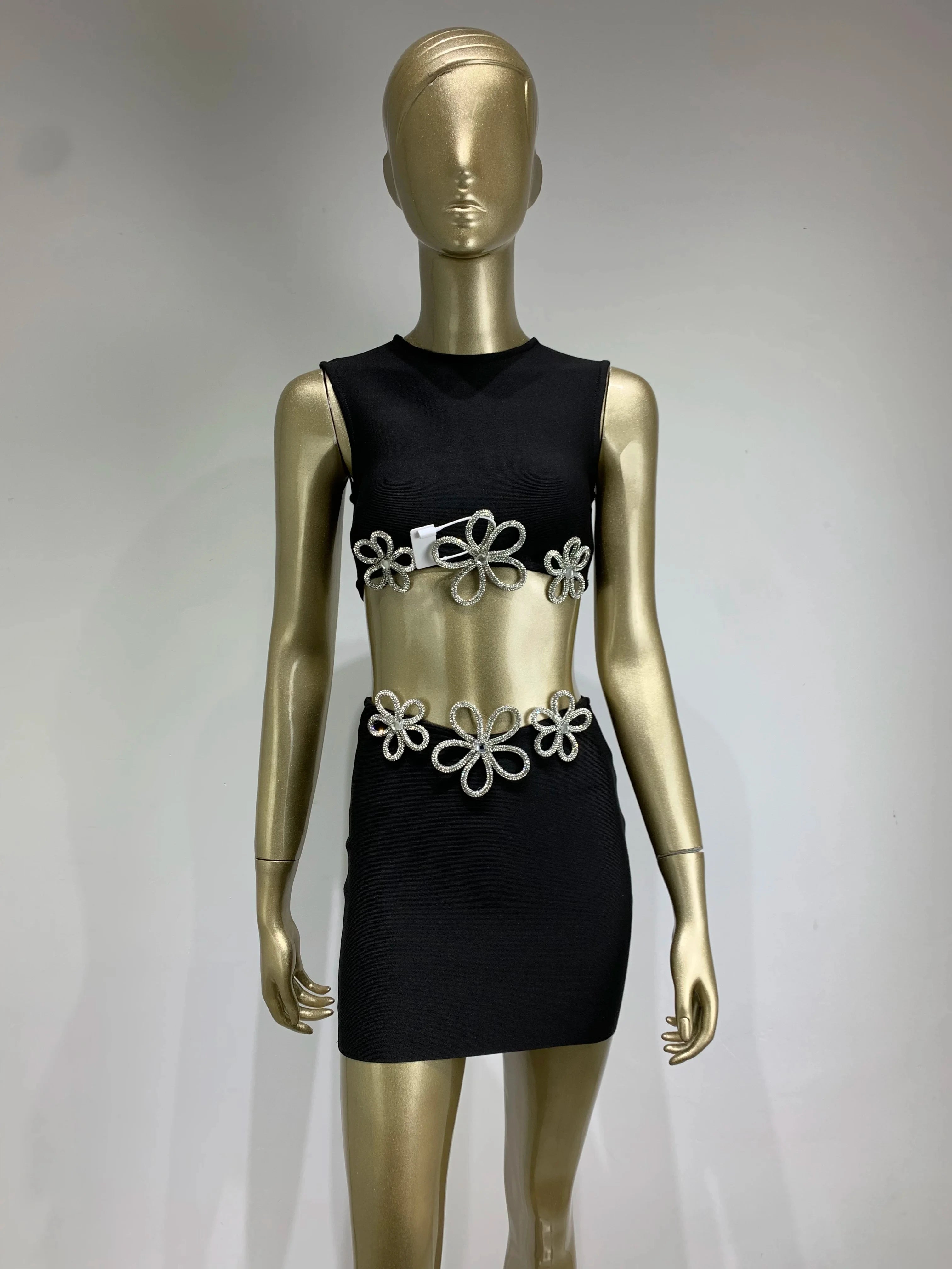 New Women Summer Celebrity Sexy Crytal Black Mini Bandage Skirt Suit Knitted Elegant Evening Club Party Two Pieces Set