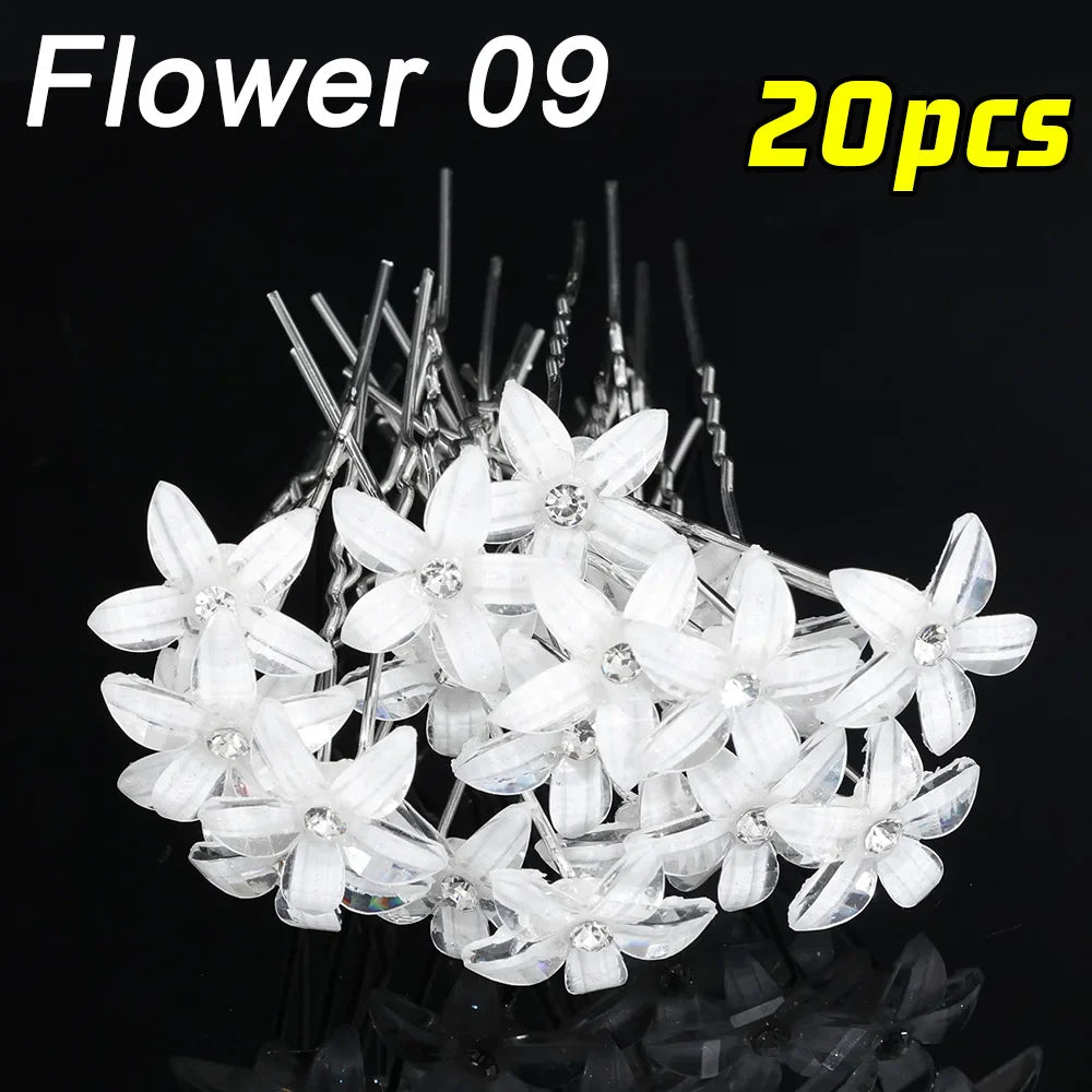 20pcs Pearl Crystal Hairpin Elegant Wedding Bridal U-shaped Metal Hair Comb Forks for Women Hairstyle Clips Jewelry Accessories Flower 09