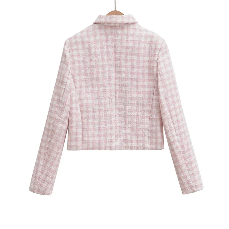 Women's Jacket Autumn Vintage Tweed Blazers Coats Fashion Single-breast Pink Plaid Suit Female New in Outerwears Clothing Top