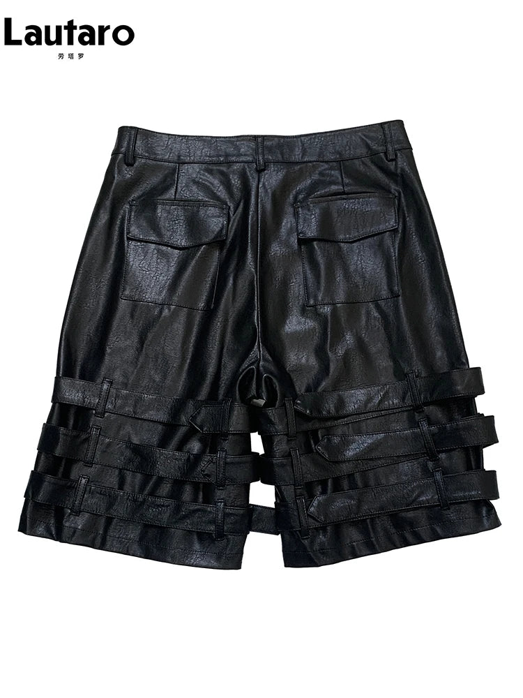 Nerazzurri Summer Autumn Black Faux Leather Shorts for Men with Many Belt Mens High Waist Short Straight Pants Emo Clothes 2025
