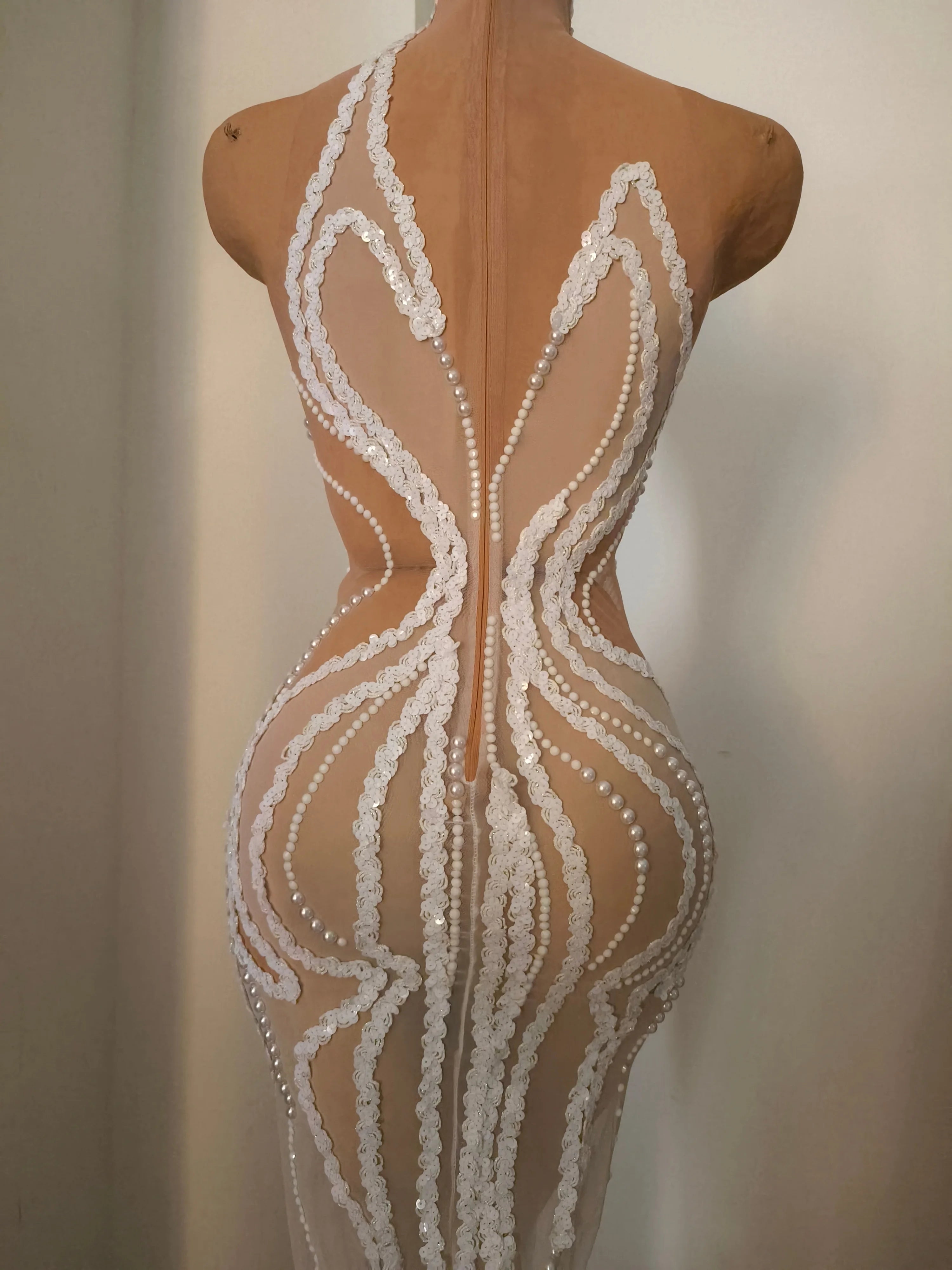 Refined White Sheer Mesh Maxi Dress Women Sexy High Neck Pearl Lace Bodycon Cocktail Nightclub Evening Gala Party Costume