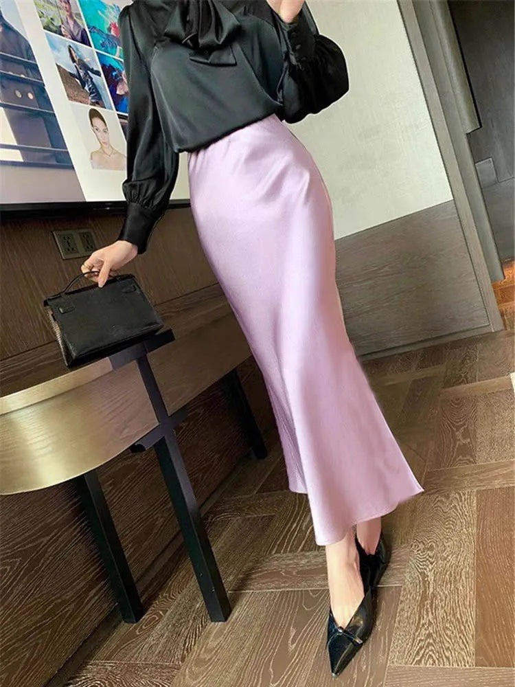 Silk Satin Skirts for Women Korean Style Champagne Office High Waist A-line Skirt Fashion Elegant Solid Long Pencil Skirt 2024 Purple