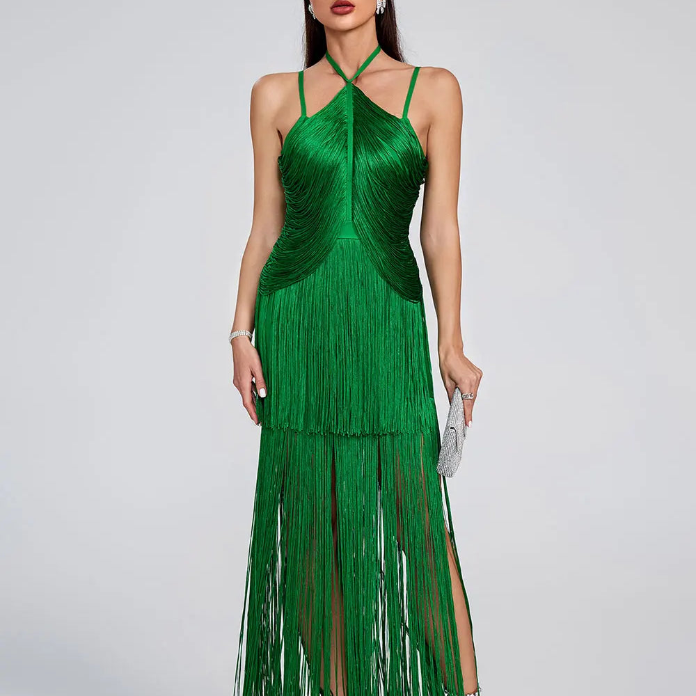 2025 Women Tassel Design Bandage Long Dress Hanging Neck Sleeveless Bodycon Backless Dress Celebrity Evening Club Party Vestidos