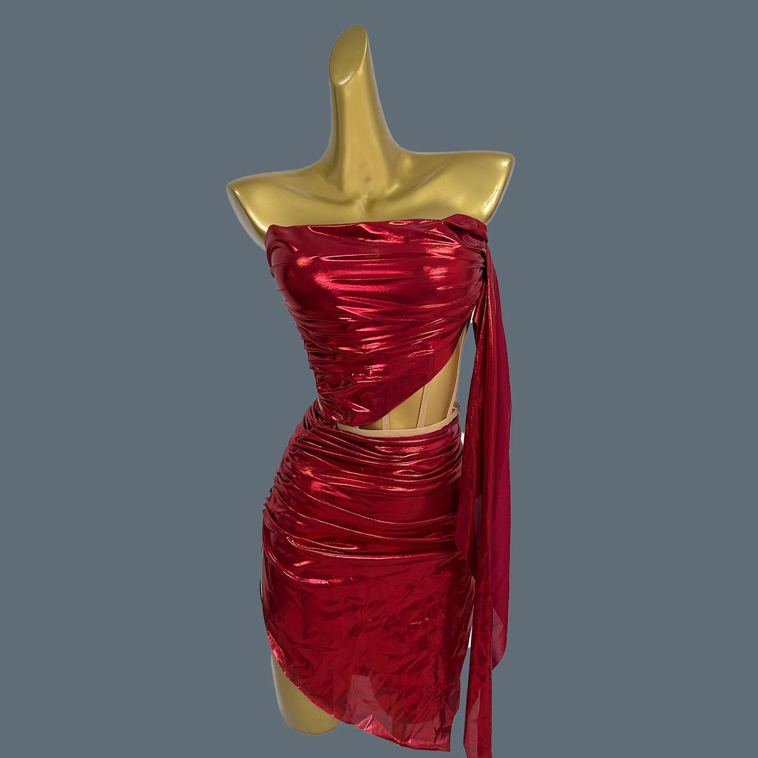 New Hot Design Nightclub Prom Strapless Bandage Top Mini Skirt Set Girls Party Wear Stage Performance Dress for Women Xiongzhong Red One Size