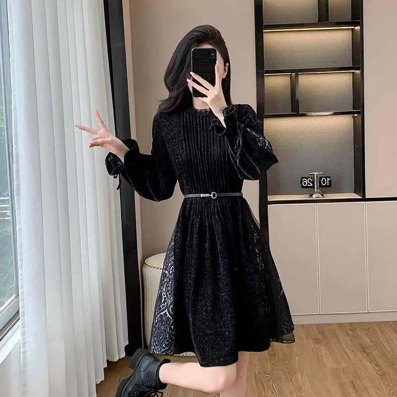 Coigarsam Women's Black Dress - Patchwork O-Neck, Mesh Sequins - Chic Evening & Party Fashion Black