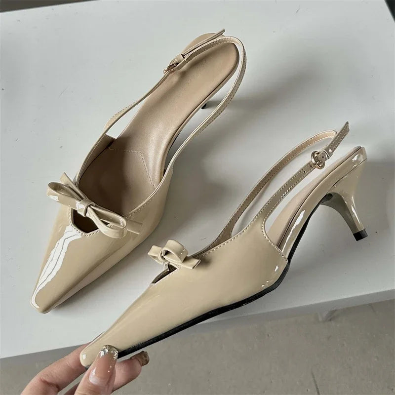 Eilyken Fashion Pointed Toe Pumps Sandals Elegant Woman Slingbacks Buckle Strap Thin Heels Female Wedding Party Mules Shoes Apricot