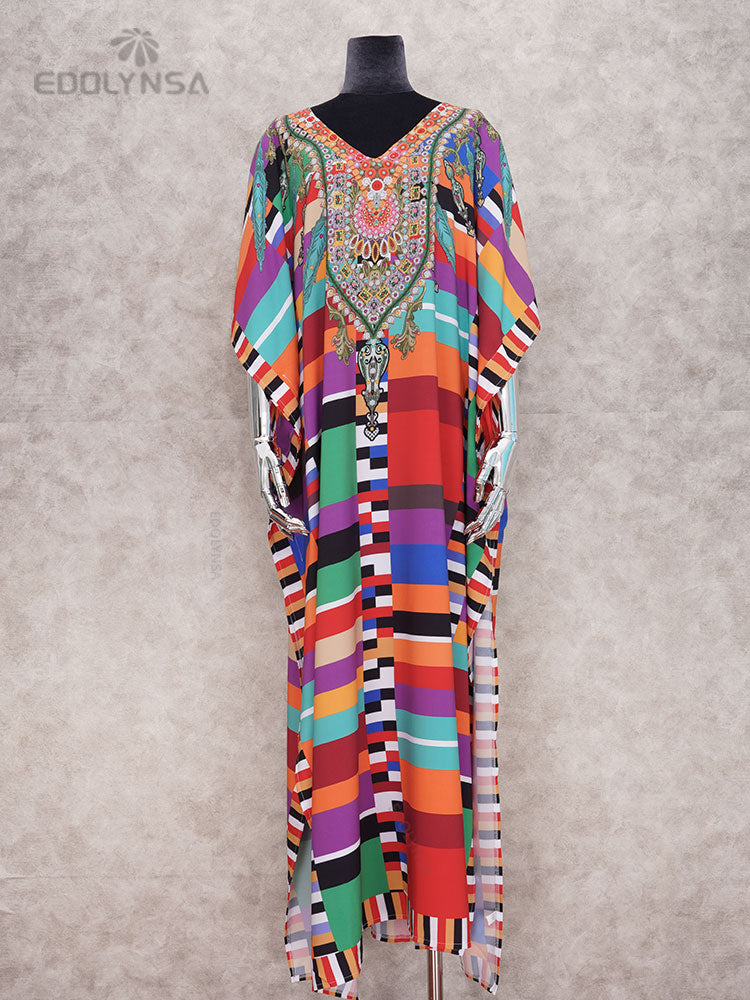 Plus Size Multicolored Loose Dress Cotton Tunic Women Large Size Beach Wear Kaftan Bohemian Printed Loose Beach Dresses