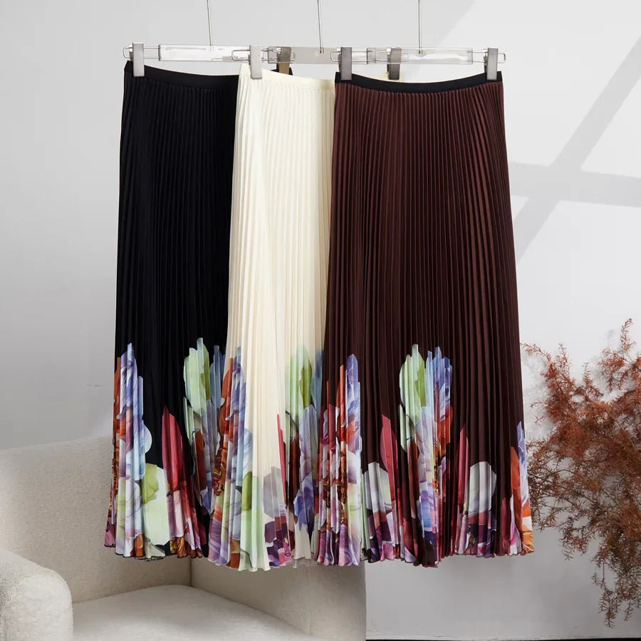 Spring Autumn Runway 2 Pieces Sets Women's Turtleneck Flower Print Stretch Pullover Top+Long Pleated Skirt Suit Female Outfits