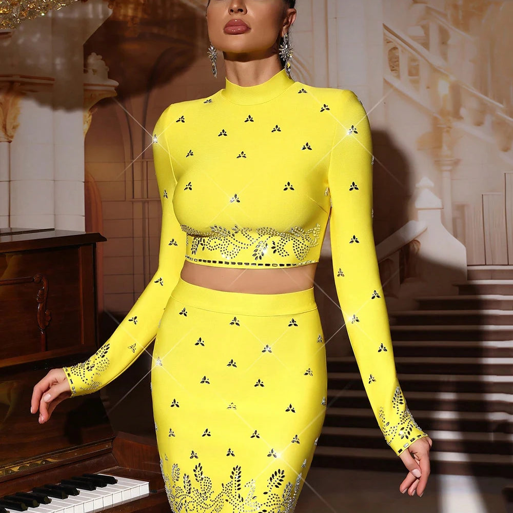 Modphy Black Yellow Rhinestone Bandage Two-Piece Set Women Long Sleeve Sexy Short Tops Bodycon Skirt Mini Sets Fashion Outfit