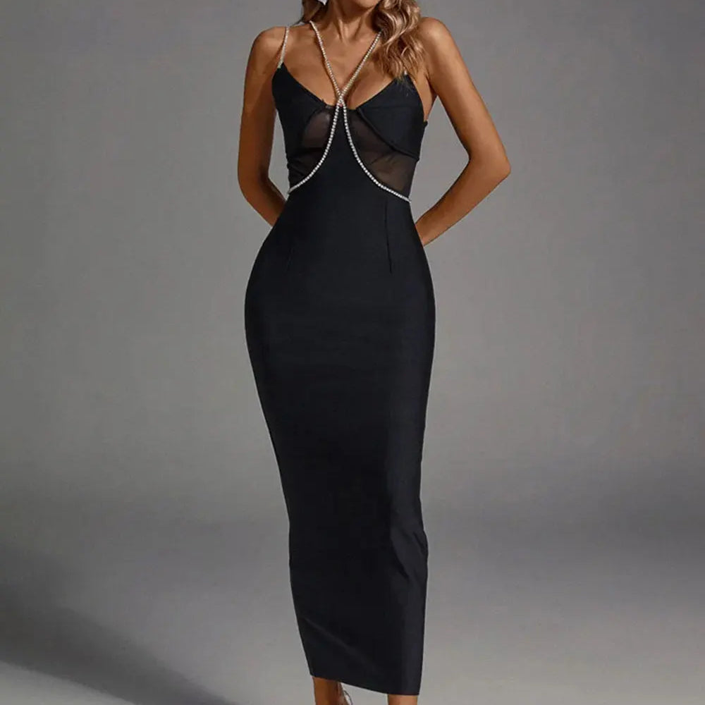 2025 Spring Women's Water Diamond Chain Strap Sleeveless Bandage Dress Patchwork Bodycon Long Dress Evening Club Party Vestidos