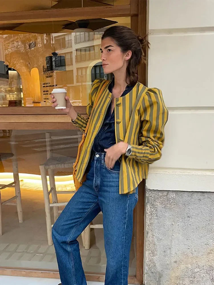 Women Contrasting Stripes Shirt Jacket Elegant Loose O Neck Long Puff Sleeve Thin Coat New Chic Female Artistic Streetwear 2024
