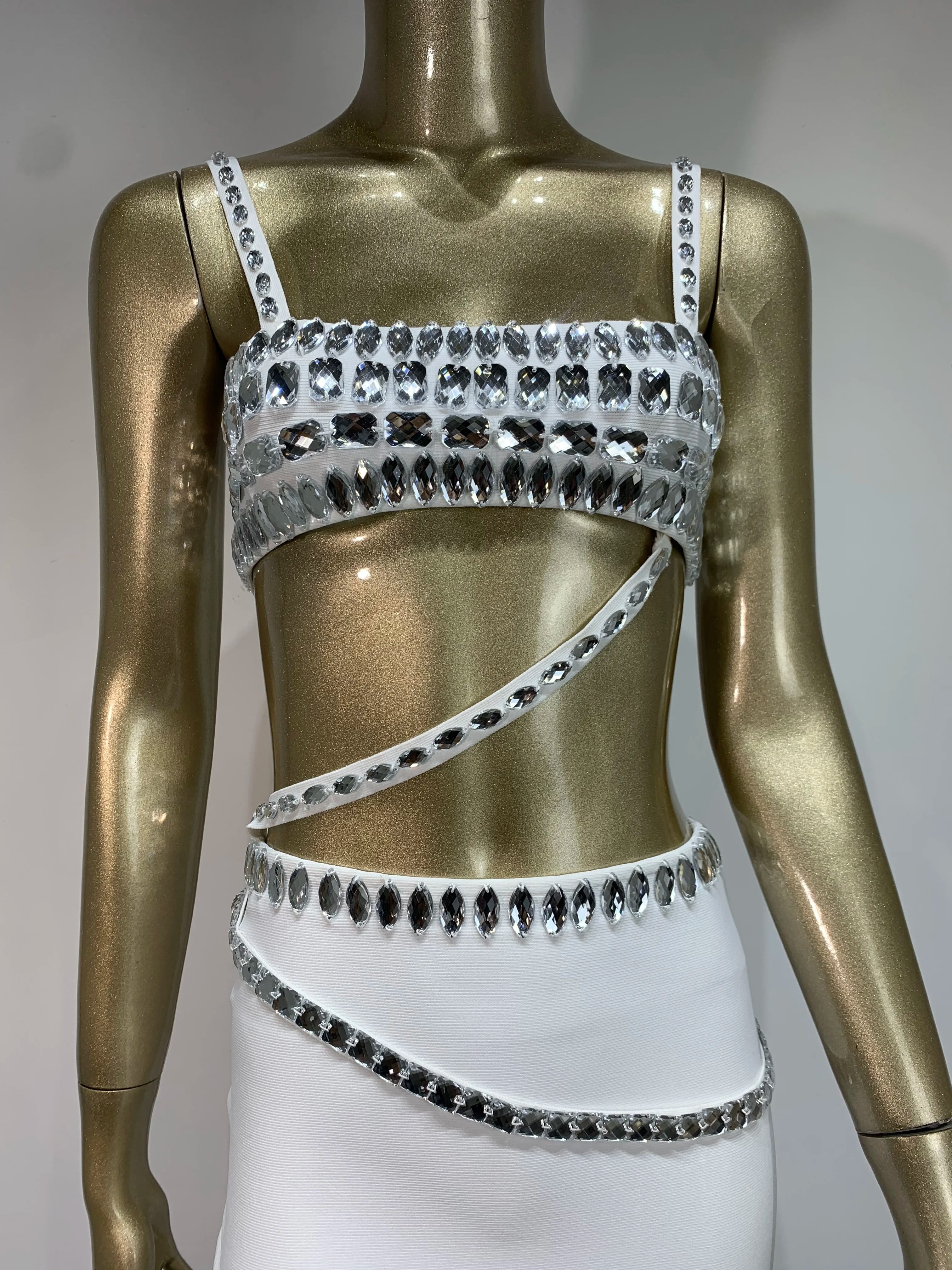 New Women Summer Celebrity Sexy Beading Split Maxi Long White Bandage Skirt Set 2024 Knitted Elegant Evening Club Party Clothing