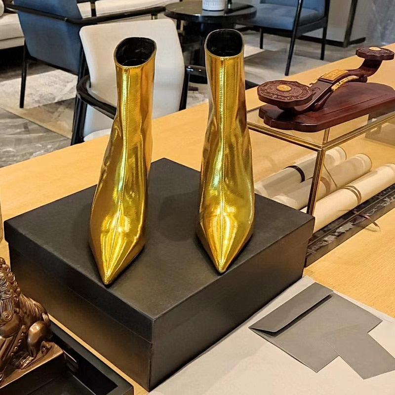 Women's New Pointed Thick Heel Sleeve Knee High Boots Fashion Fashion Show Gold Large Winter Boots