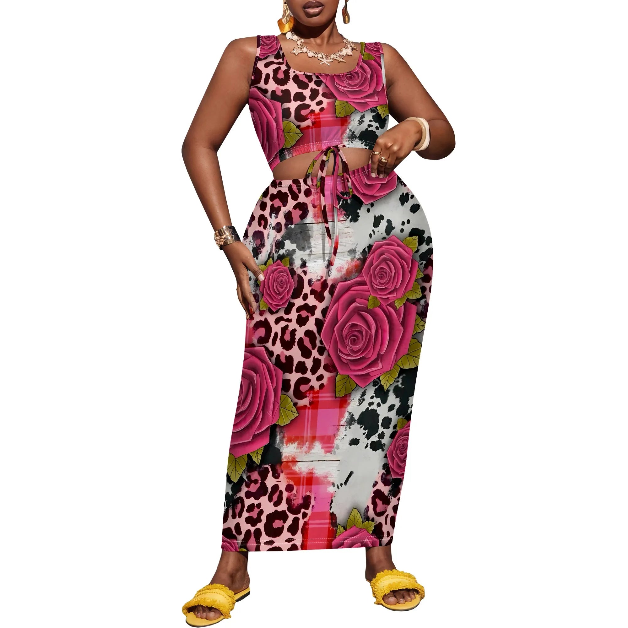 Nupusa Rose & Zebra Print Two - Piece Set for Women Plus Size Summer Casual Sleeveless Crop Top & Maxi Skirt Outfit Pattern-7