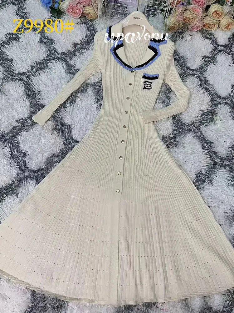 Elegant Women's Slim Fit Knitted Dress Fashionable Polo Neck Short Sleeve Single breasted Design Split Knitted Mid length Dress Apricot long sleeves