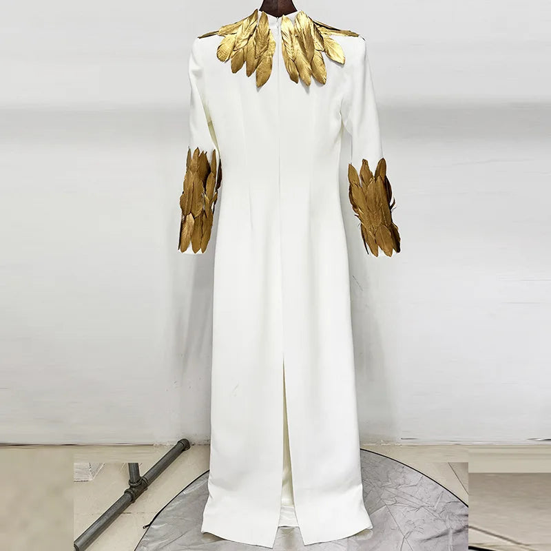 Hit Color Slimming Spliced Glod Feathers Dresses for Women High Neck Long Sleeves Temperament Dress Female Fashion