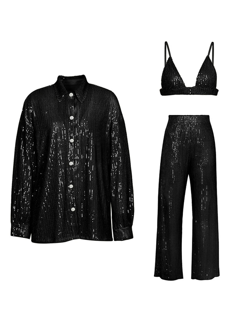 Tossy Sparkly Two-piece Set Party Outfits For Womens Sequin Top Blouse Shirt And Pants Suit Female Luxury Evening Tracksuit New Black Suit