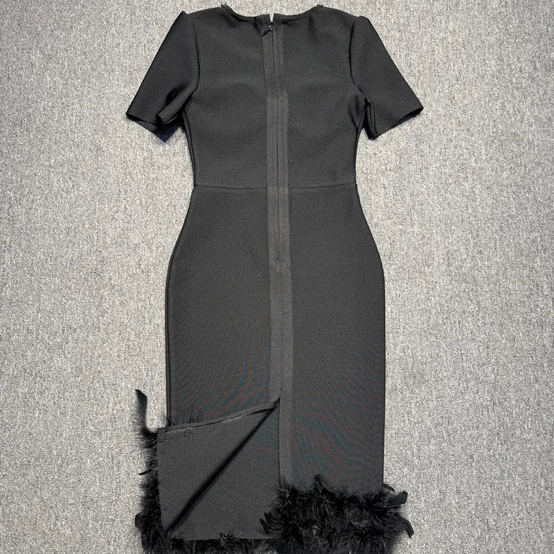 Black Color Women Sexy Short Sleeve Square Collar Feathers Bodycon Mid-calf Bandage Dress Celebrate Nightclub Party Fashion Wear