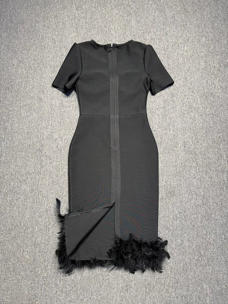 Black Color Women Sexy Short Sleeve Square Collar Feathers Bodycon Mid-calf Bandage Dress Celebrate Nightclub Party Fashion Wear
