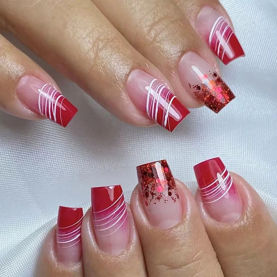 24Pcs Short Square Press on Fake Nails with French Stripe Pink Glitter Nail Set Art Finished Wearable Full Cover False Nail Tips 2