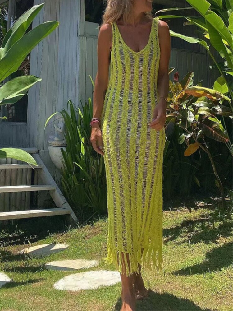 Summer Beach Clothes - Fringe Tassel Knitted Cover Up Cover-ups Beach Wear Sexy Vestidos Hollow Out Robe Long Dress Slit