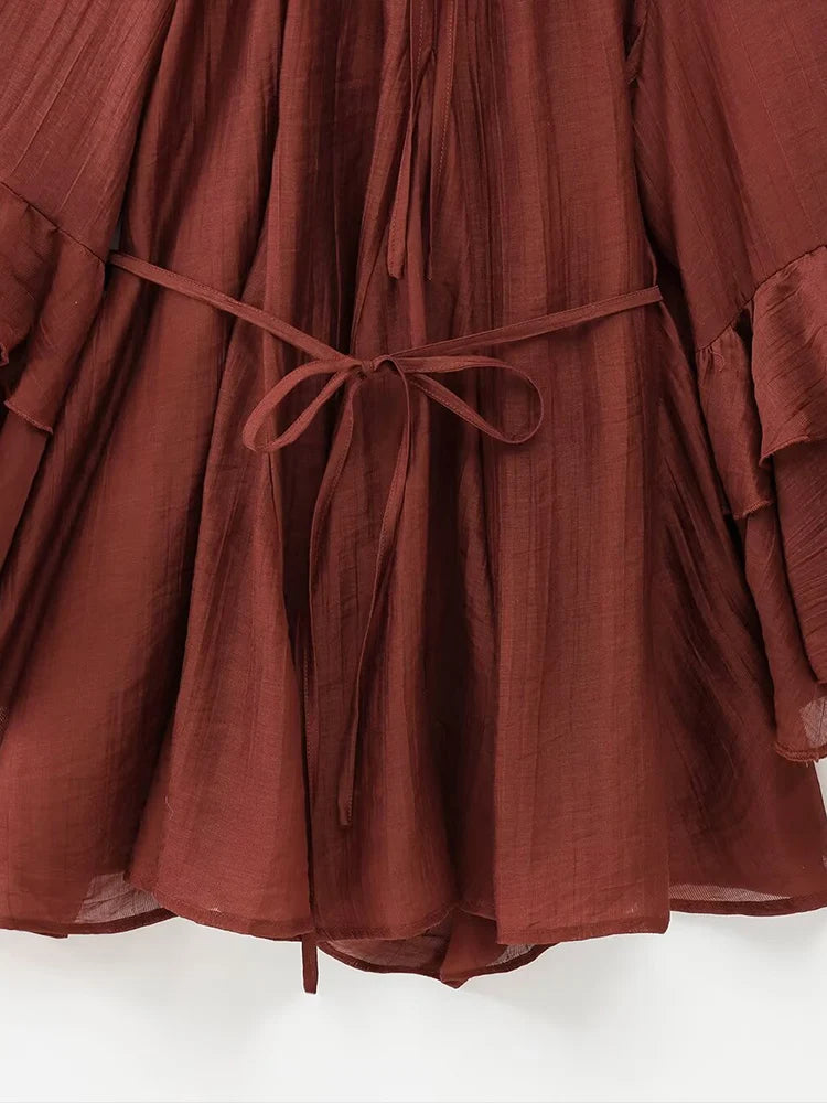 European and American style fashion all-match long-sleeved dress pleated new women's clothing ruffled tie waist dress