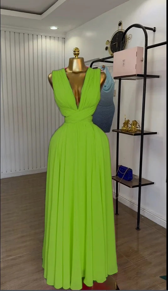 CM.YAYA Women Sleeveless Cutout Back Wrap V-neck Pleated A-line Chiffon Maxi Long Dress Birthday Vacation Sexy Party Dresses