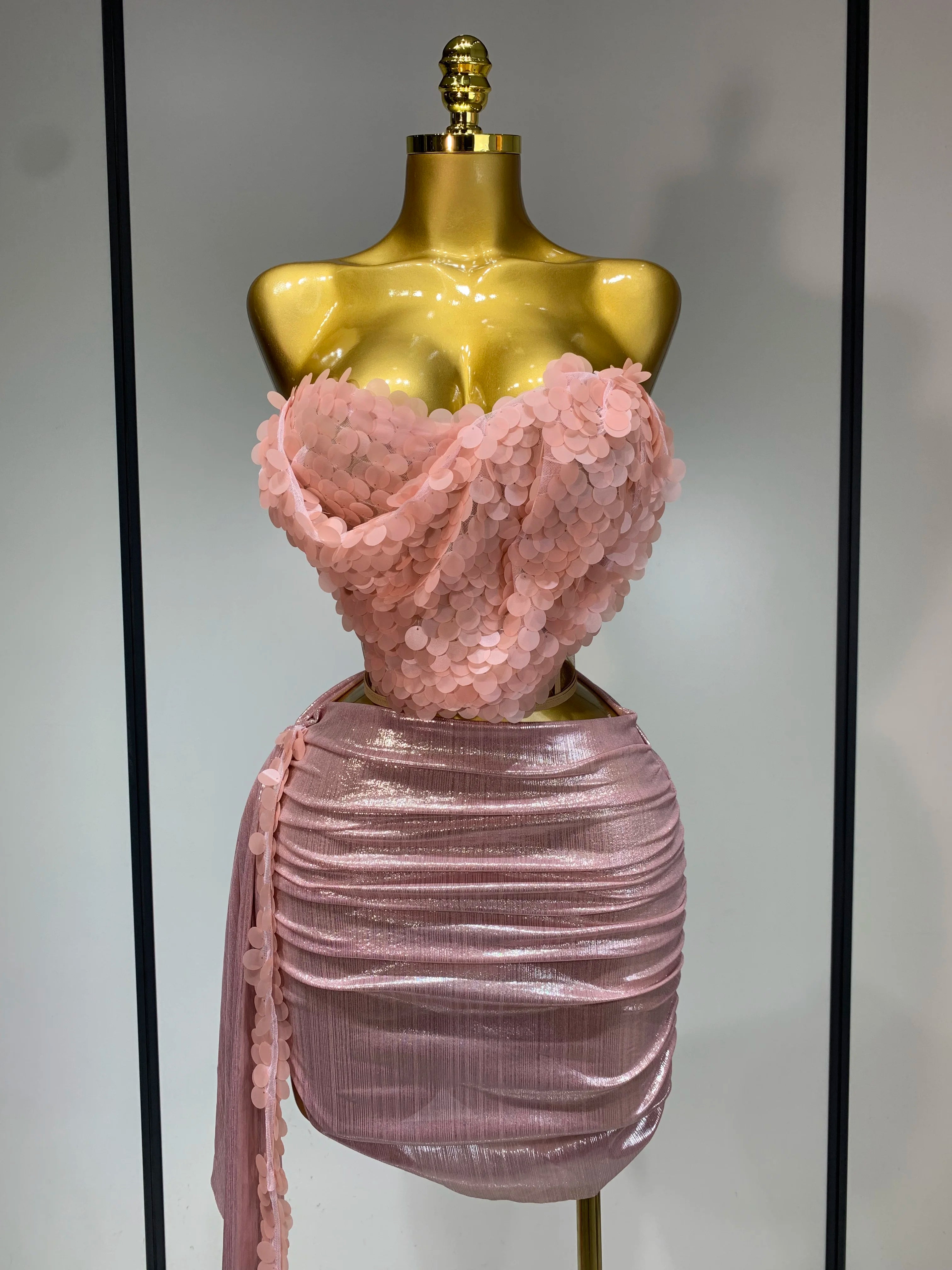 Sparkly Sequin Two Piece Set Sexy Strapless Backless Women Outfit Evening Party Nightclub Stage Performance Dance Costume Pink