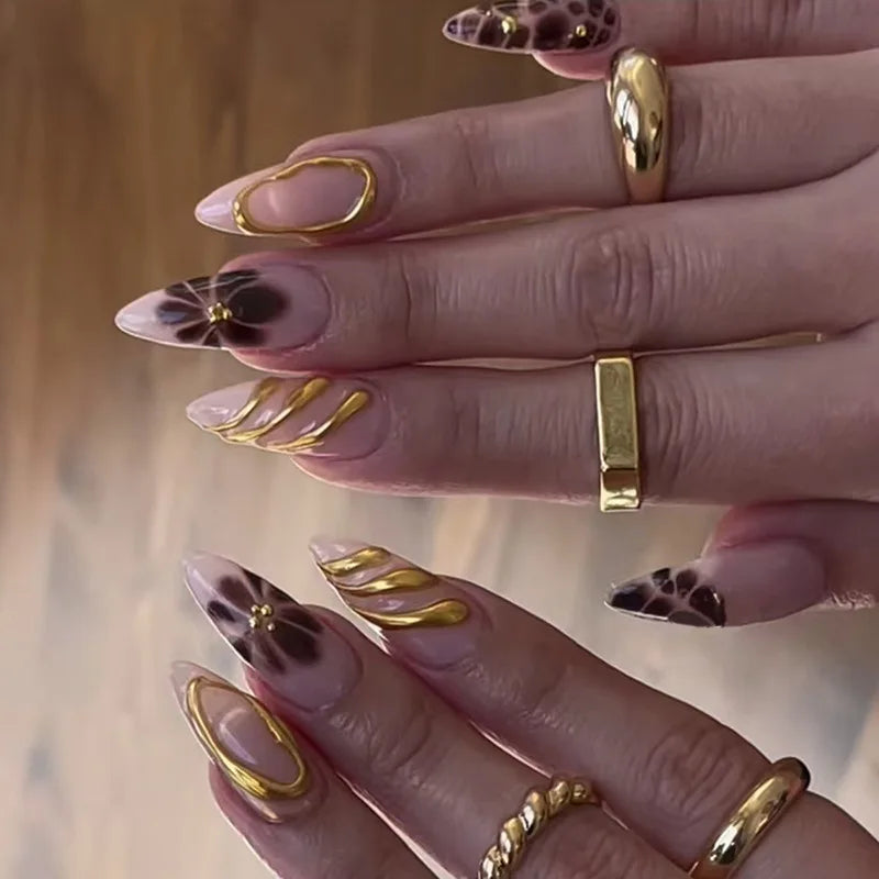 24Pcs Simple French Nails Art Tips Fake Nails 3D Design Wearable Full Cover False Nail Mid-length Almond Reusable Press on Nails 915