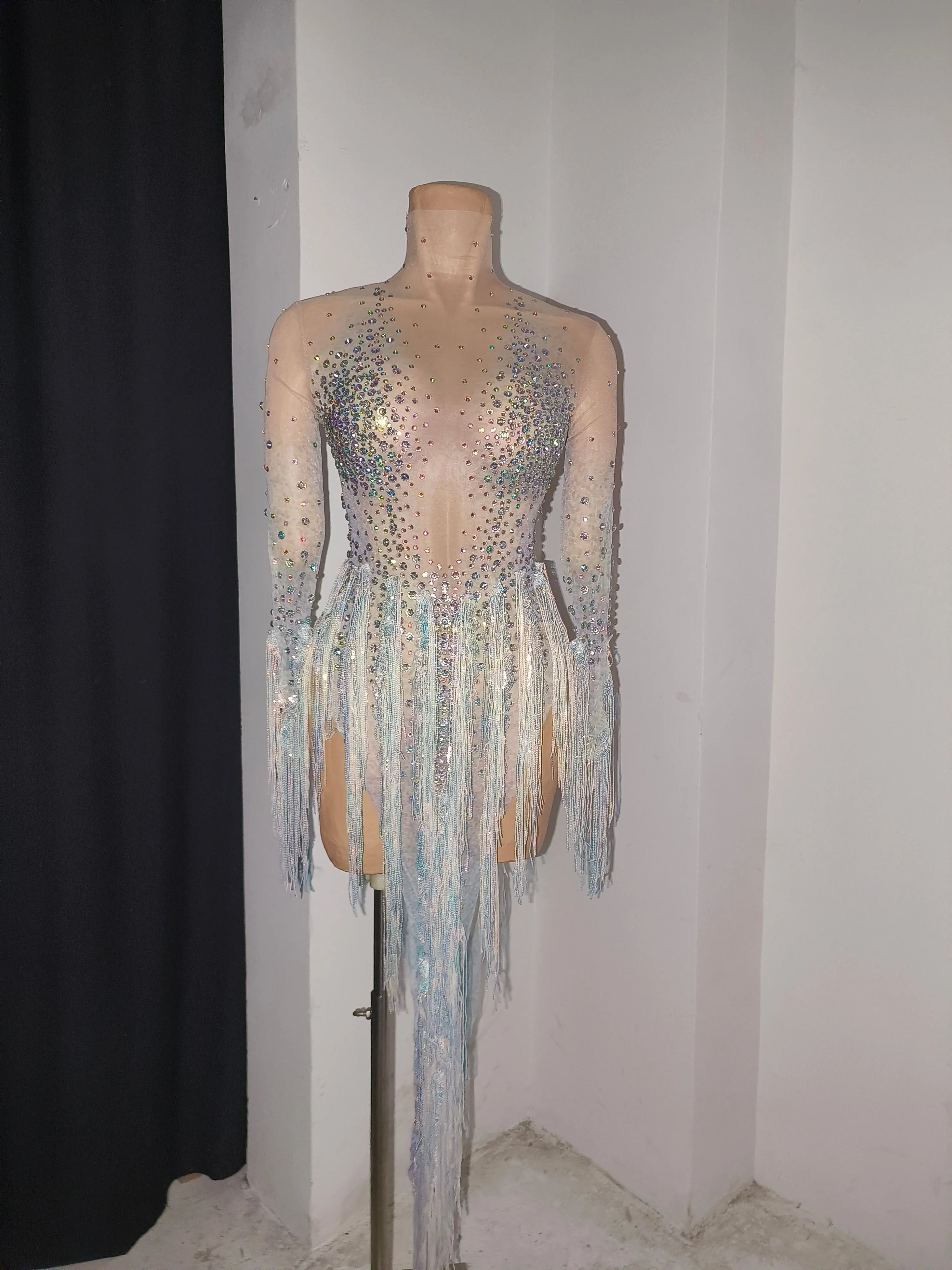 Luxurious Nude Long Sleeve Dress Women Sheer Mesh Iridescent Rhinestone Fringe Embellished Latin Dance Performance Costume