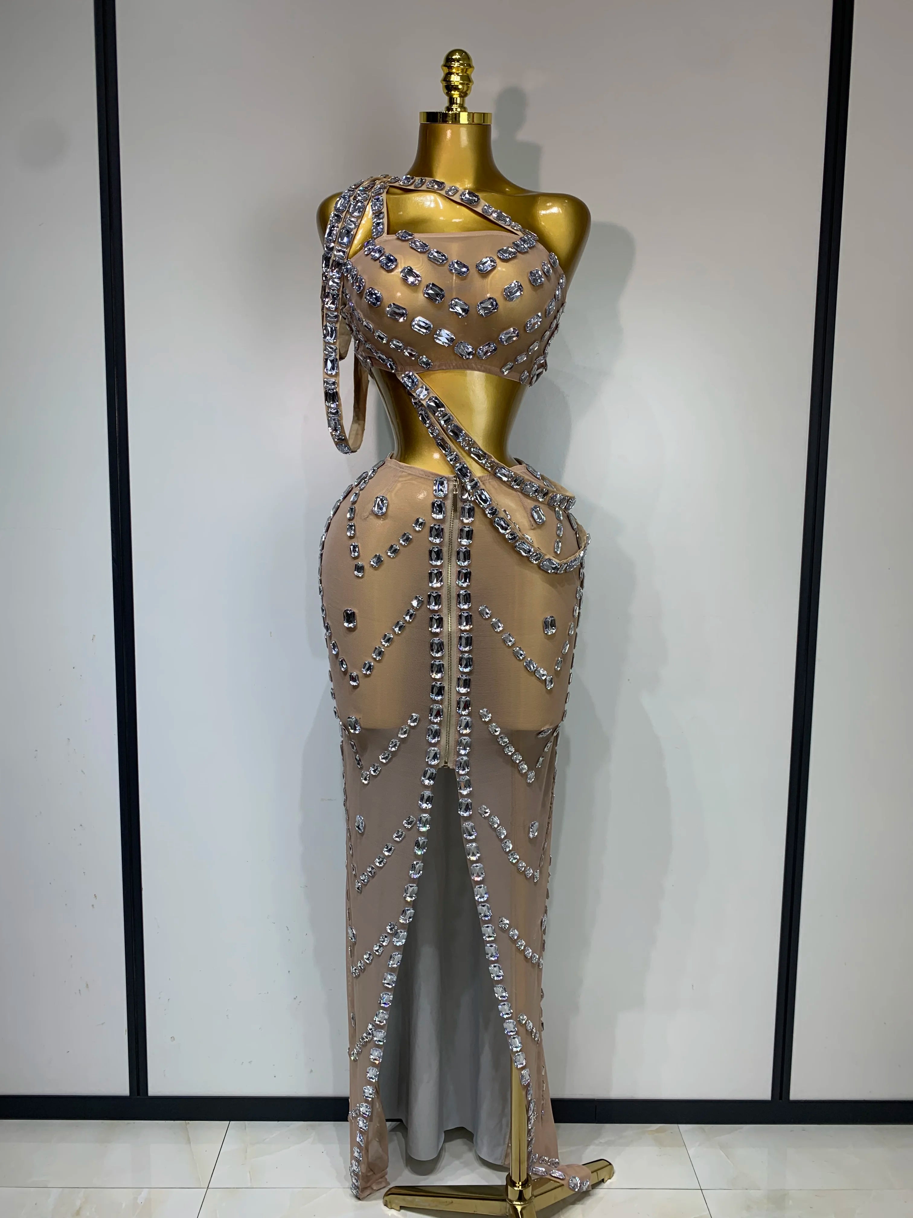 Celebrate Luxury Birthday Stage Show Wear Sparkling Rhinestones Two Pieces Set Sleelveless Evening Party Dresses Club Outfit Silver