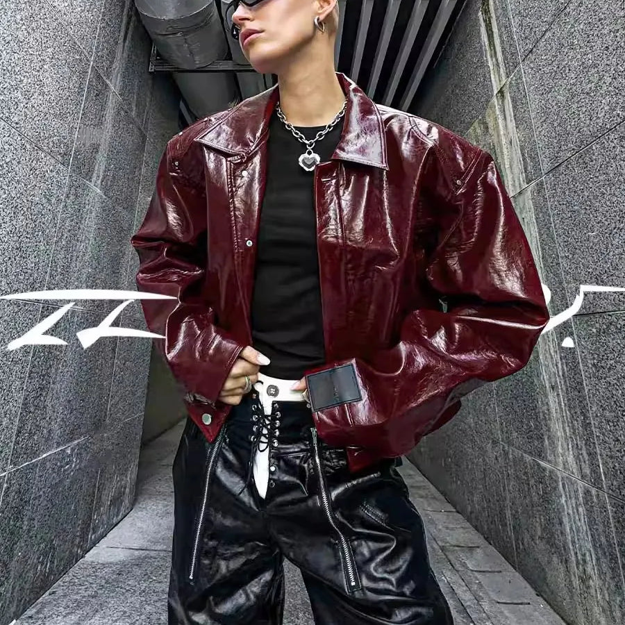 Lautaro Autumn Cool Short Oversized Pu Leather Jacket Women Shoulder Pads Zippper High Quality American Retro Punk Style Clothes