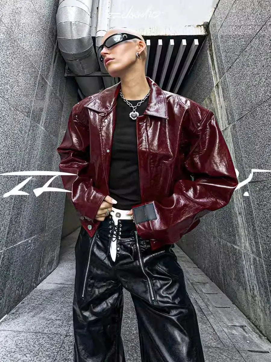 Lautaro Autumn Cool Short Oversized Pu Leather Jacket Women Shoulder Pads Zippper High Quality American Retro Punk Style Clothes